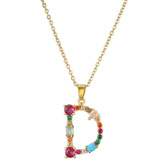 D Initial Pendant Necklace Multicolor Rhinestones Gold Tone Chain - Picture 12 of 17
